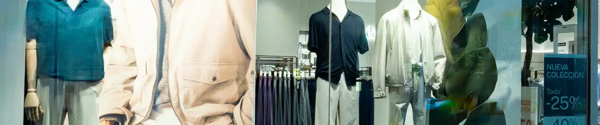 Escaparate de la tienda de moda Cortefiel en el centro comercial Aragonia, con maniquíes vestidos, percheros de ropa de hombre y la campaña de nueva colección