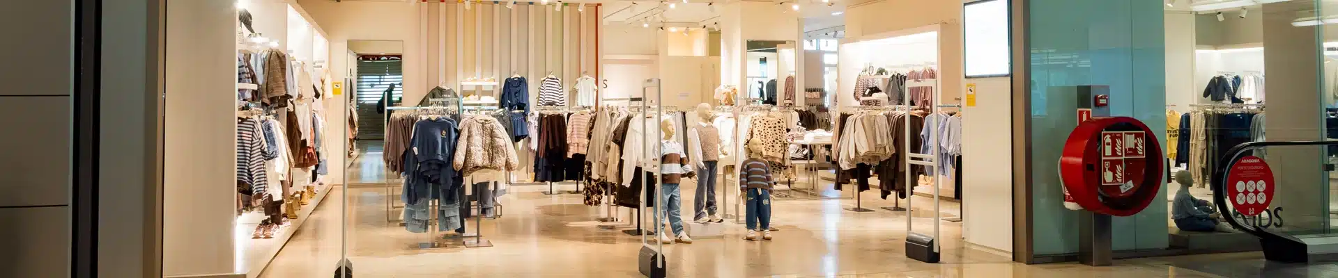 Interior de la tienda de moda infantil Mango Kids en el centro comercial Aragonia, con percheros de ropa de niños, maniquíes infantiles y la nueva colección