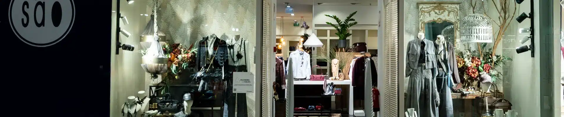 Escaparate de la boutique de moda de mujer Sâo en el centro comercial Aragonia, con maniquíes vestidos, bisutería, bolsos y complementos