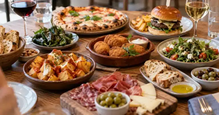 Mesa con diferentes platos y opciones para comer en Zaragoza