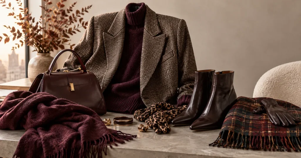 Tendencias de otoño-invierno 2026-2027: qué se lleva y dónde encontrarlo en Zaragoza 1 Tendencias de moda otoño-invierno 2026-2027 con prendas y complementos en tonos berenjena y estampados