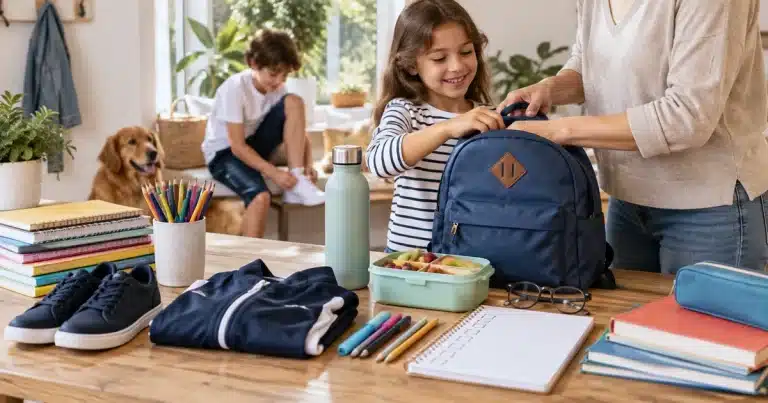 Familia preparando mochila, material escolar y ropa para la vuelta al cole en Zaragoza