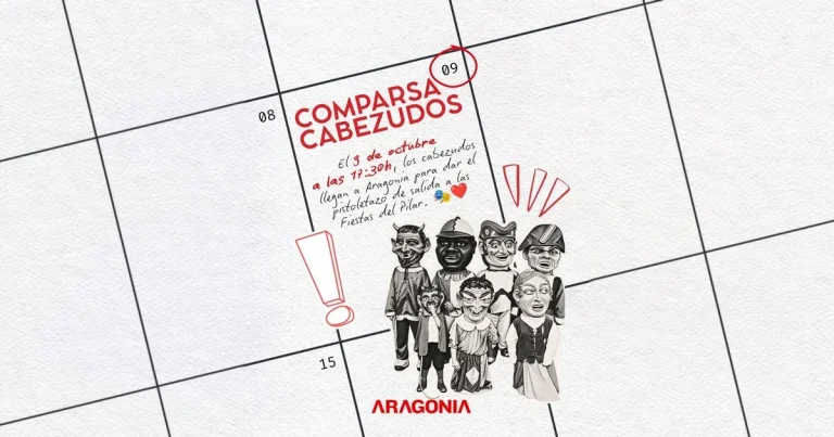 Cartel de la comparsa de cabezudos en Aragonia el 9 de octubre a las 17:30 h, inicio de las Fiestas del Pilar
