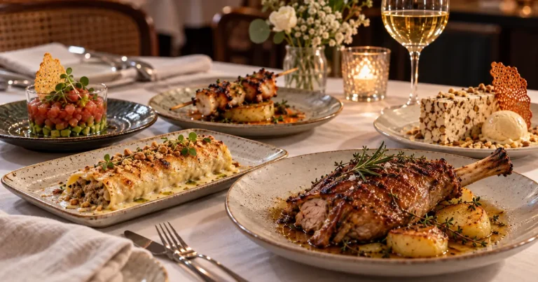 Mesa de restaurante con paletilla de ternasco asada, canelón gratinado, tartar, brocheta y postre de turrón