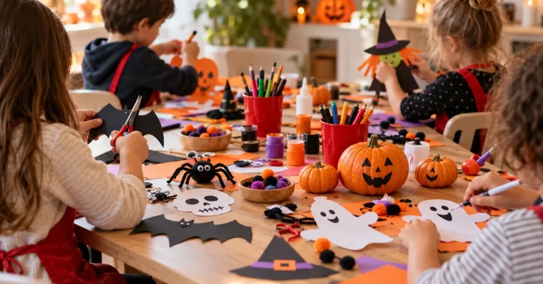 Niños haciendo manualidades de Halloween con murciélagos, fantasmas, calaveras y calabazas de papel en un taller infantil de Aragonia en Zaragoza